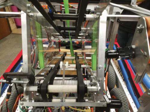 Ball processing system on our 2020 robot.  It moves balls from the intake to a height where they can be scored.